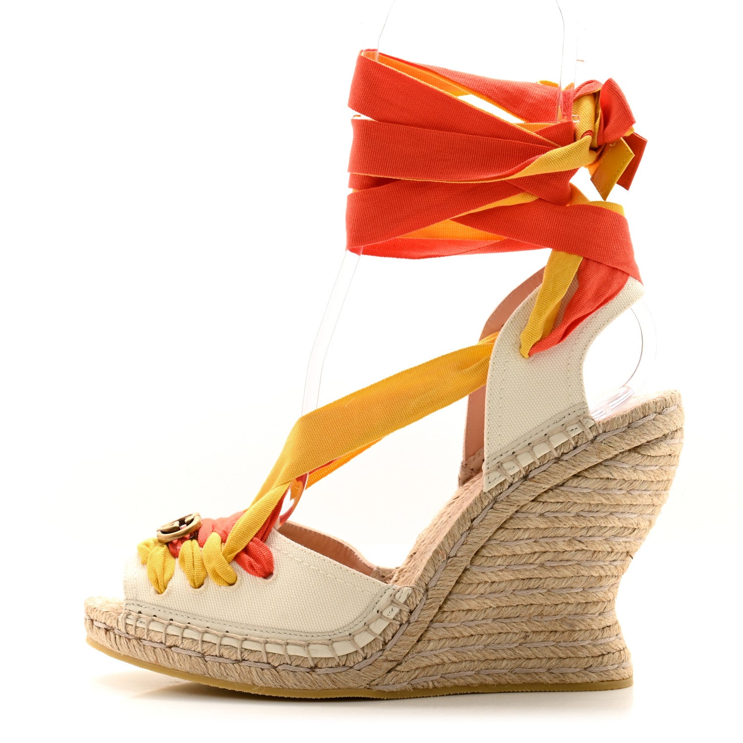 Gucci Canvas Ankle Wrap Interlocking G Platform 35/120mm Espadrille Wedges 39.5 Orange Yellow 1 of 8