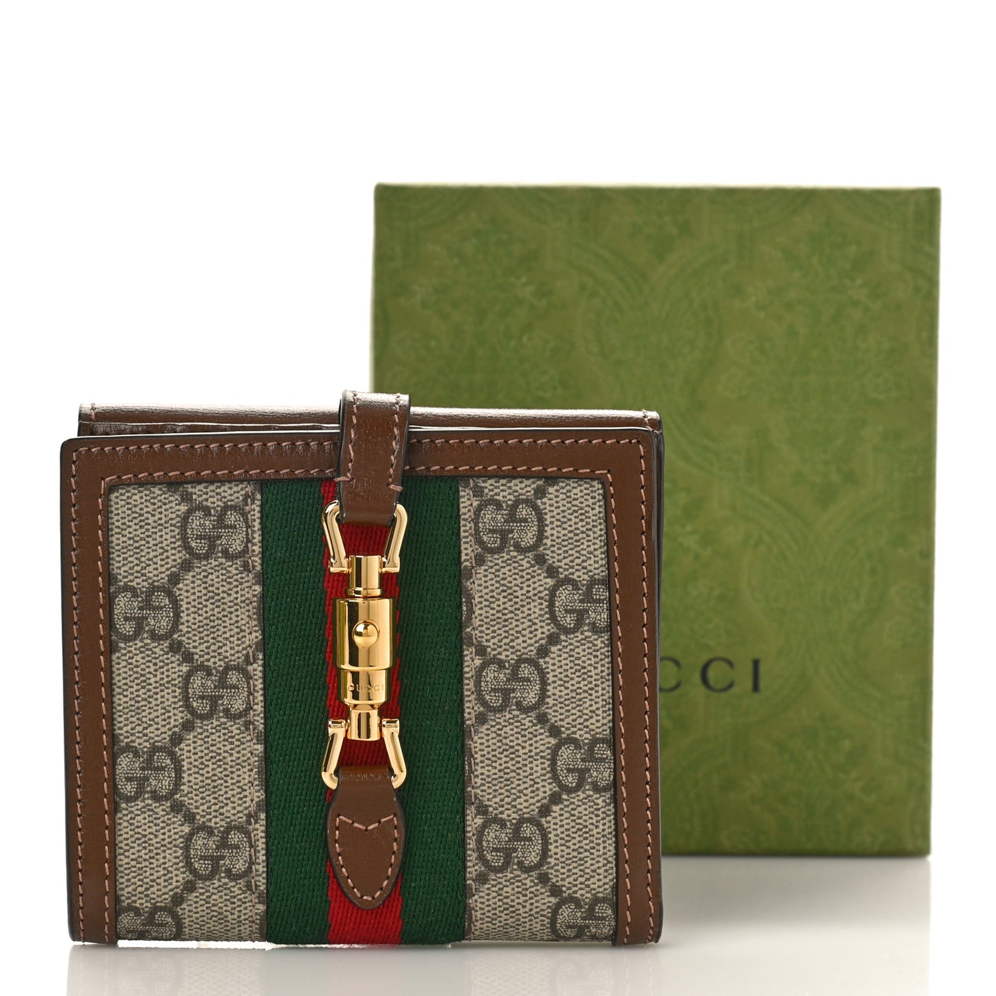 GG Supreme Monogram Textured Calfskin Web Jackie 1961 French Flap Wallet Beige Ebony Brown Sugar
