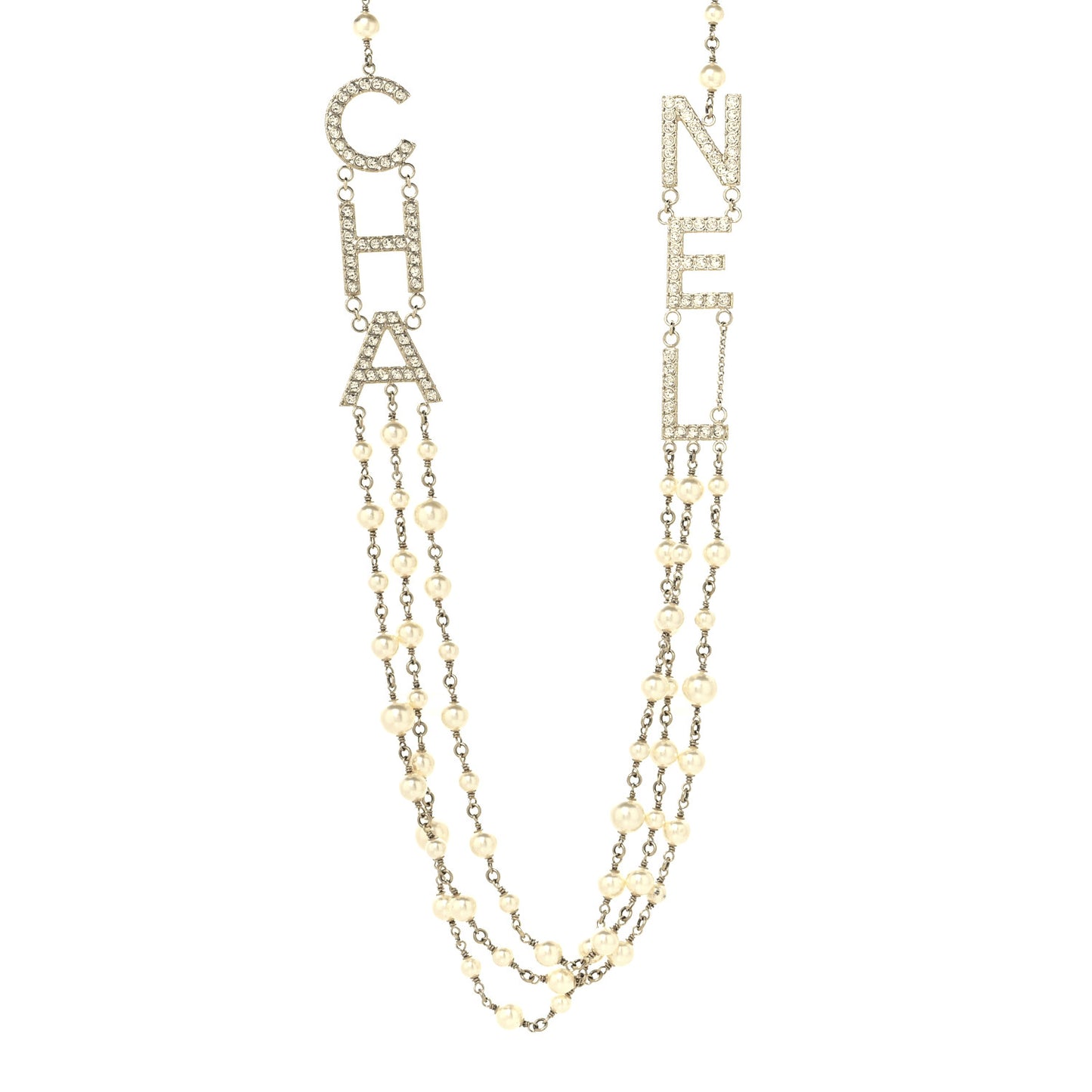 Pearl Crystal Cha-Nel Logo Necklace Gold