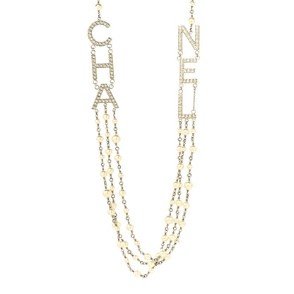 Chanel Pearl Crystal Cha-Nel Logo Necklace Gold 1 of 5