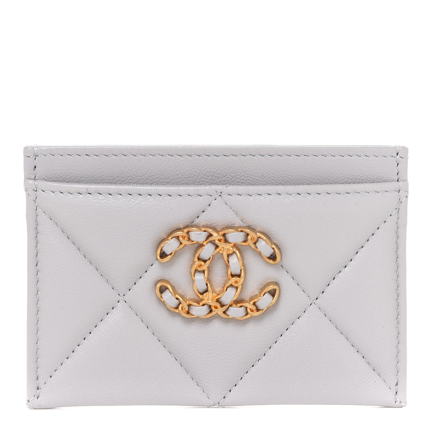 Lambskin Quilted Chanel 19 Card Holder Grey