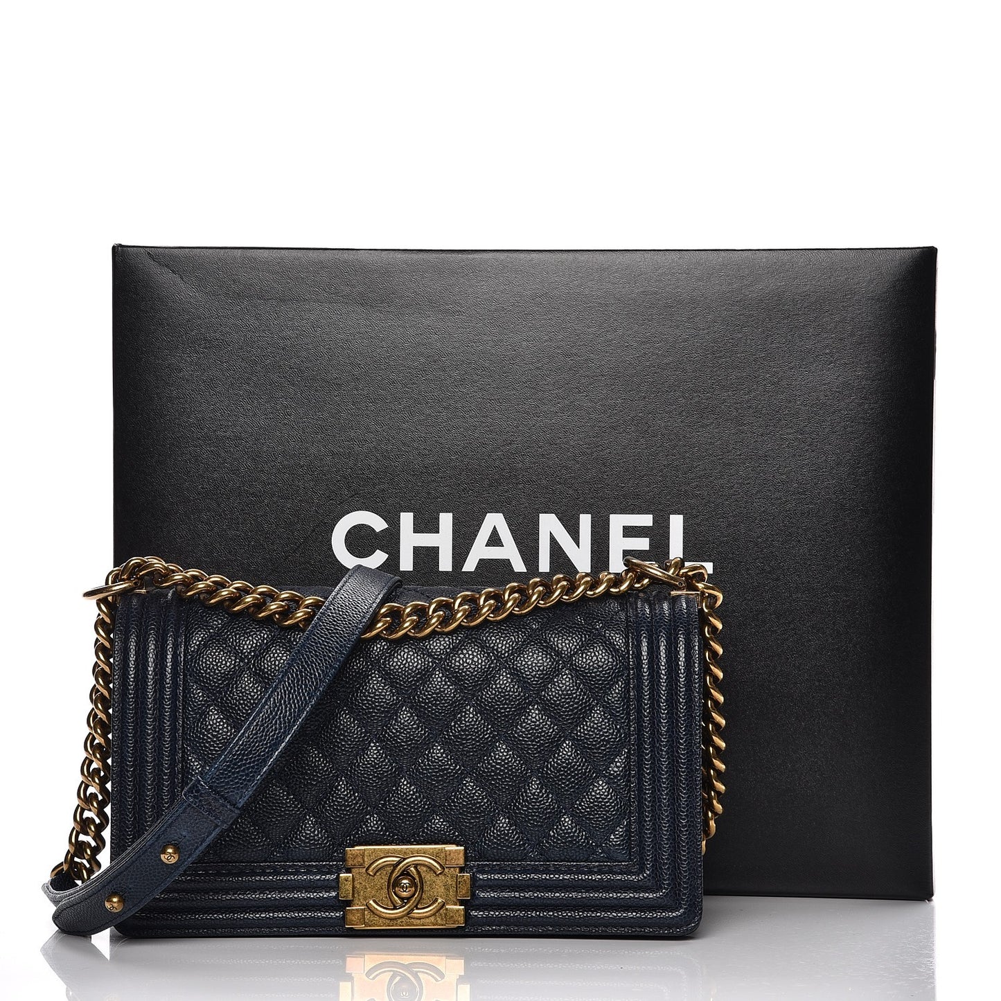 Caviar Quilted Medium Boy Flap Dark Navy Blue