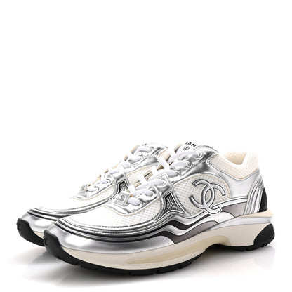 Chanel Fabric Laminated Calfskin Stretch CC Womens Sneakers 40 White Silver 4 of 10