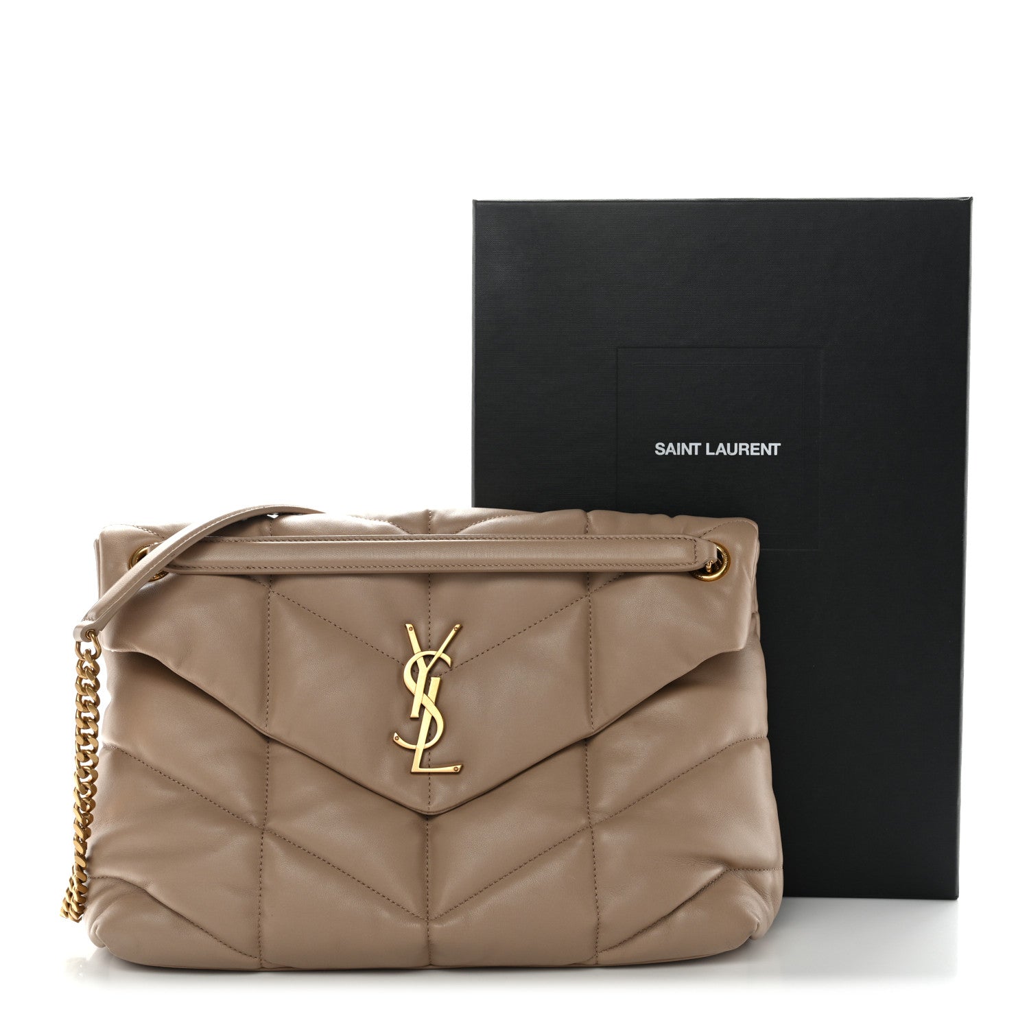 Saint Laurent Lambskin Quilted Medium Loulou Puffer Monogram Chain Satchel Dark Beige 11 of 11