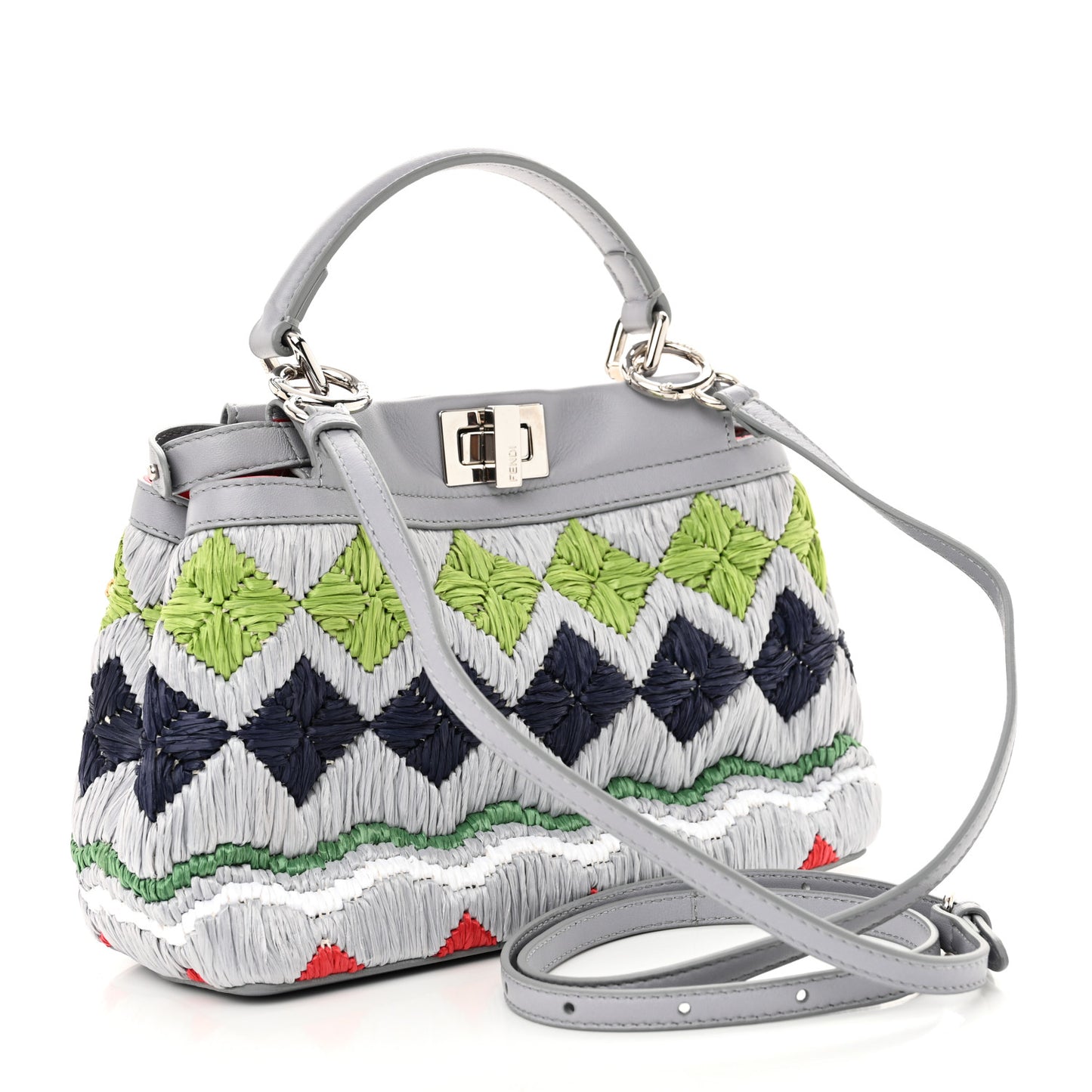 Nappa Raffia Embroidered Mini Peekaboo Iconic Satchel Grey Multicolor