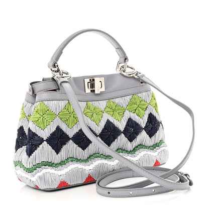 Fendi Nappa Raffia Embroidered Mini Peekaboo Iconic Satchel Grey Multicolor 3 of 10