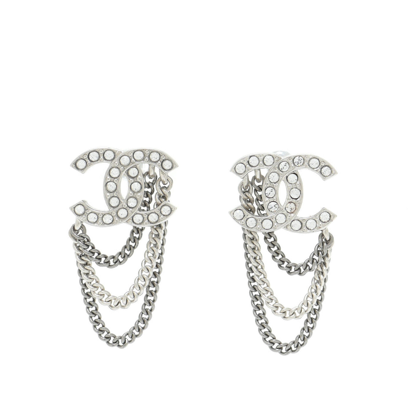 Chanel Crystal Chain CC Earrings Silver 1 of 5
