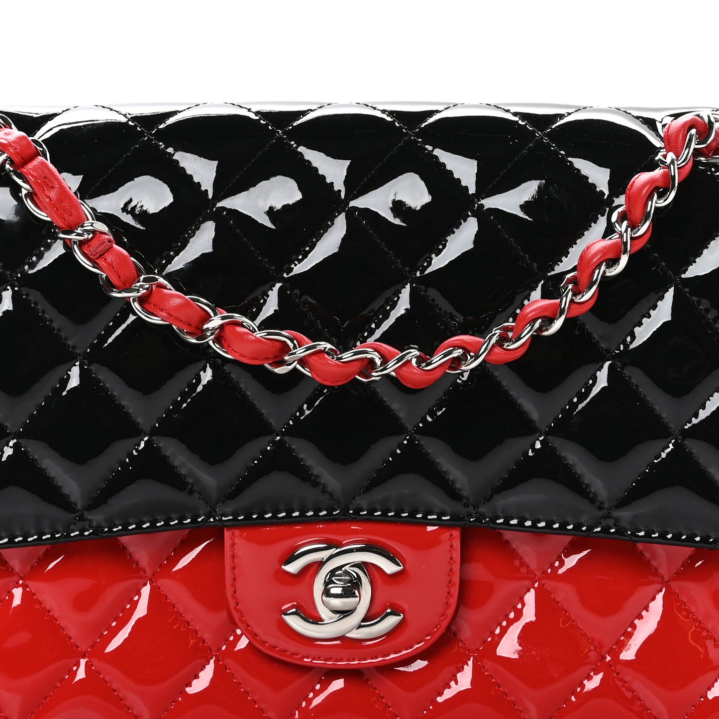 Patent Calfskin Quilted Bi-Color Medium Double Flap Red Black