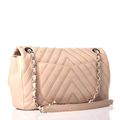 Chanel Calfskin Studded Chevron Quilted Medium Wars Flap Beige 3 of 9
