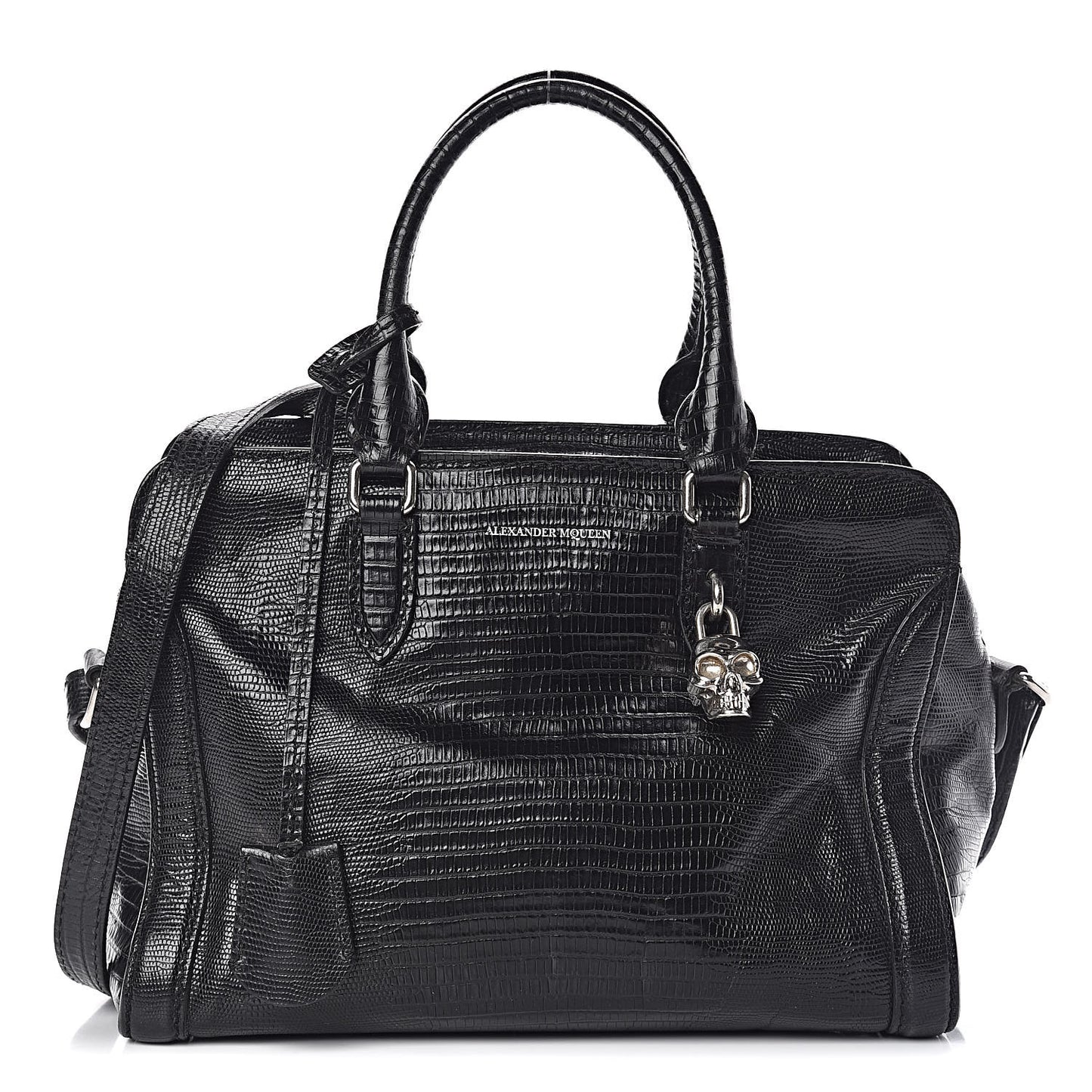 Calfskin Lizard Embossed Small Skull Padlock Zip Around Tote Black