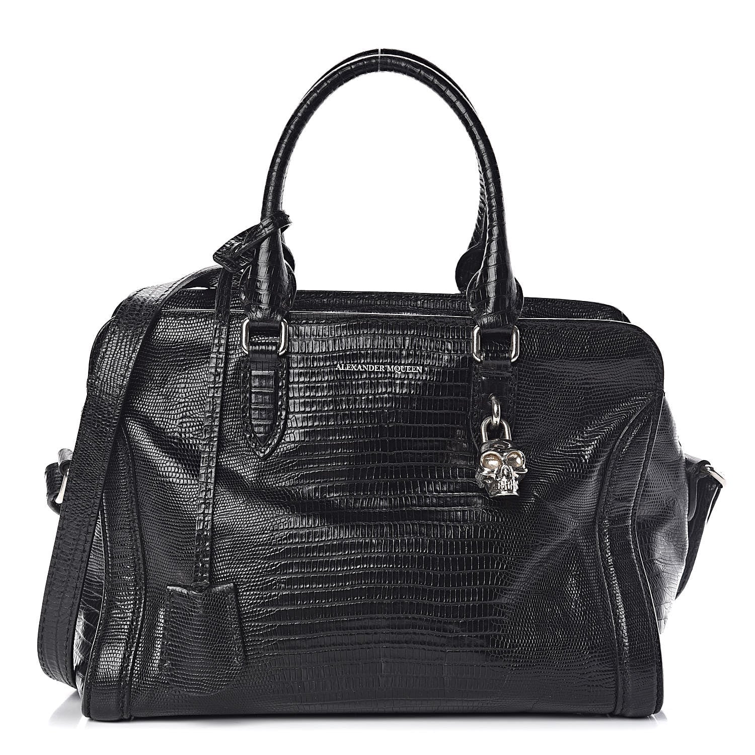 Alexander McQueen Calfskin Lizard Embossed Small Skull Padlock Zip Around Tote Black 1 of 12