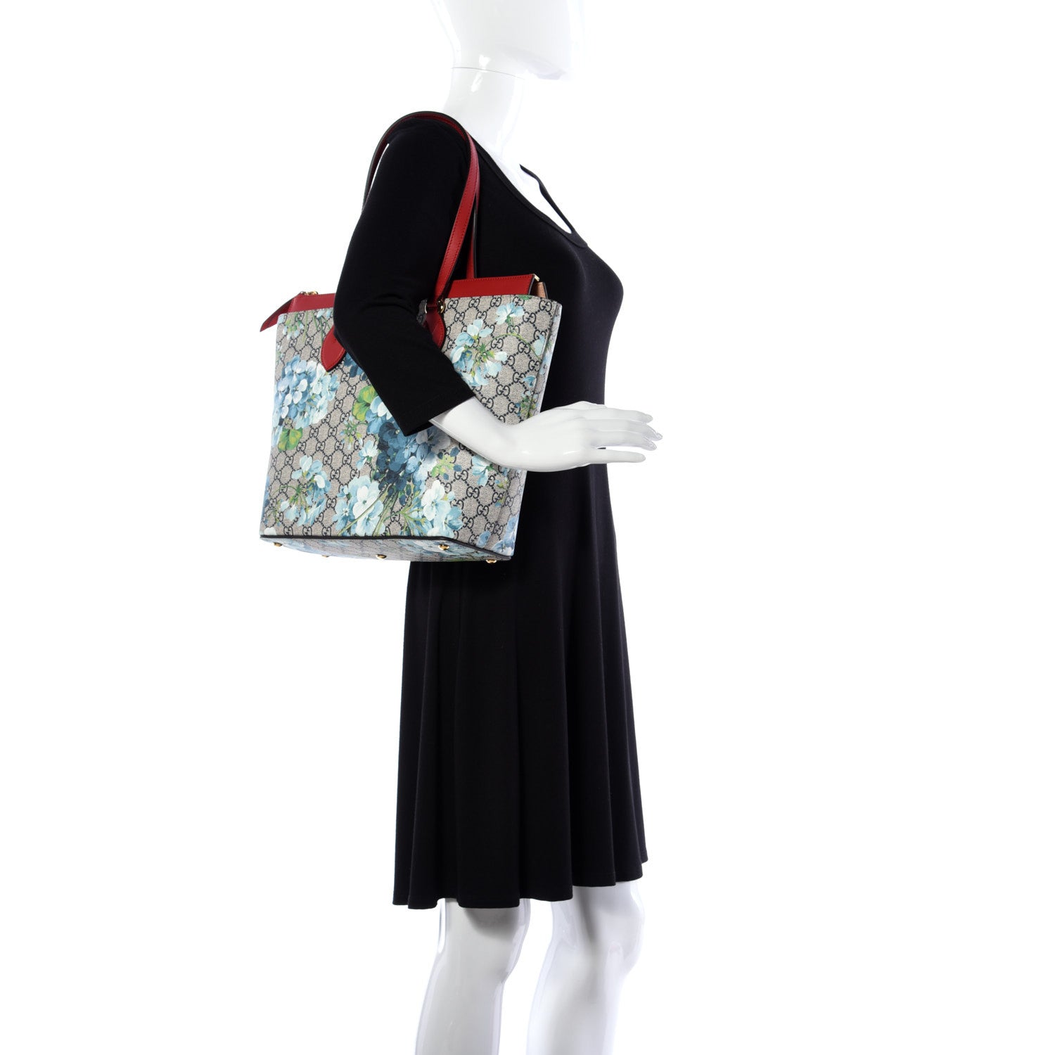 Gucci GG Supreme Monogram Blooms Medium Zippered Bucket Tote Beige Blue Navy Hibiscus Red 2 of 9