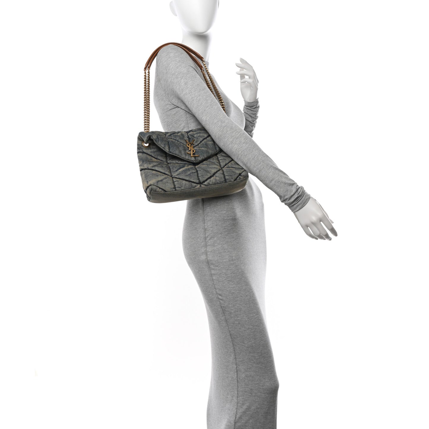 Denim Quilted Small Loulou Puffer Monogram Chain Satchel Blue Cinnamon