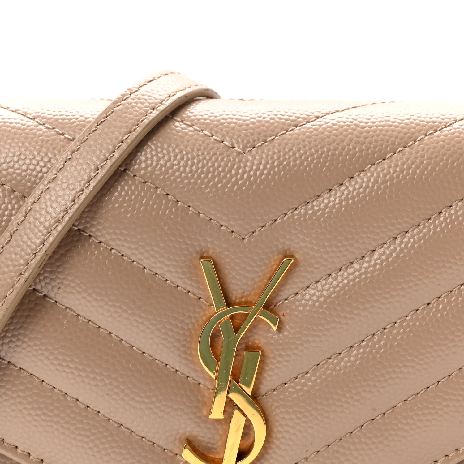 Saint Laurent Grain De Poudre Matelasse Chevron Monogram Envelope Chain Wallet Dark Beige 7 of 9