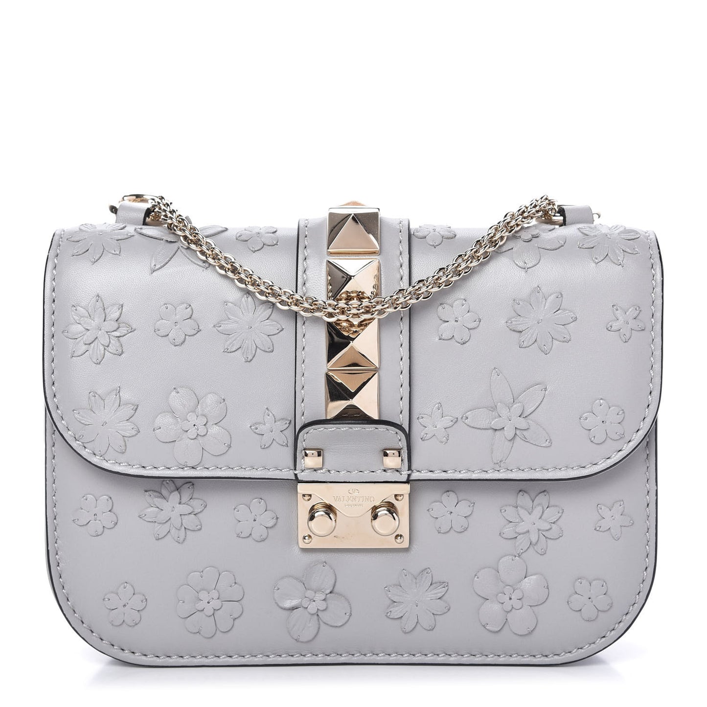 Vitello Flower Embellished Small Glam Lock Rockstud Flap Pastel Grey