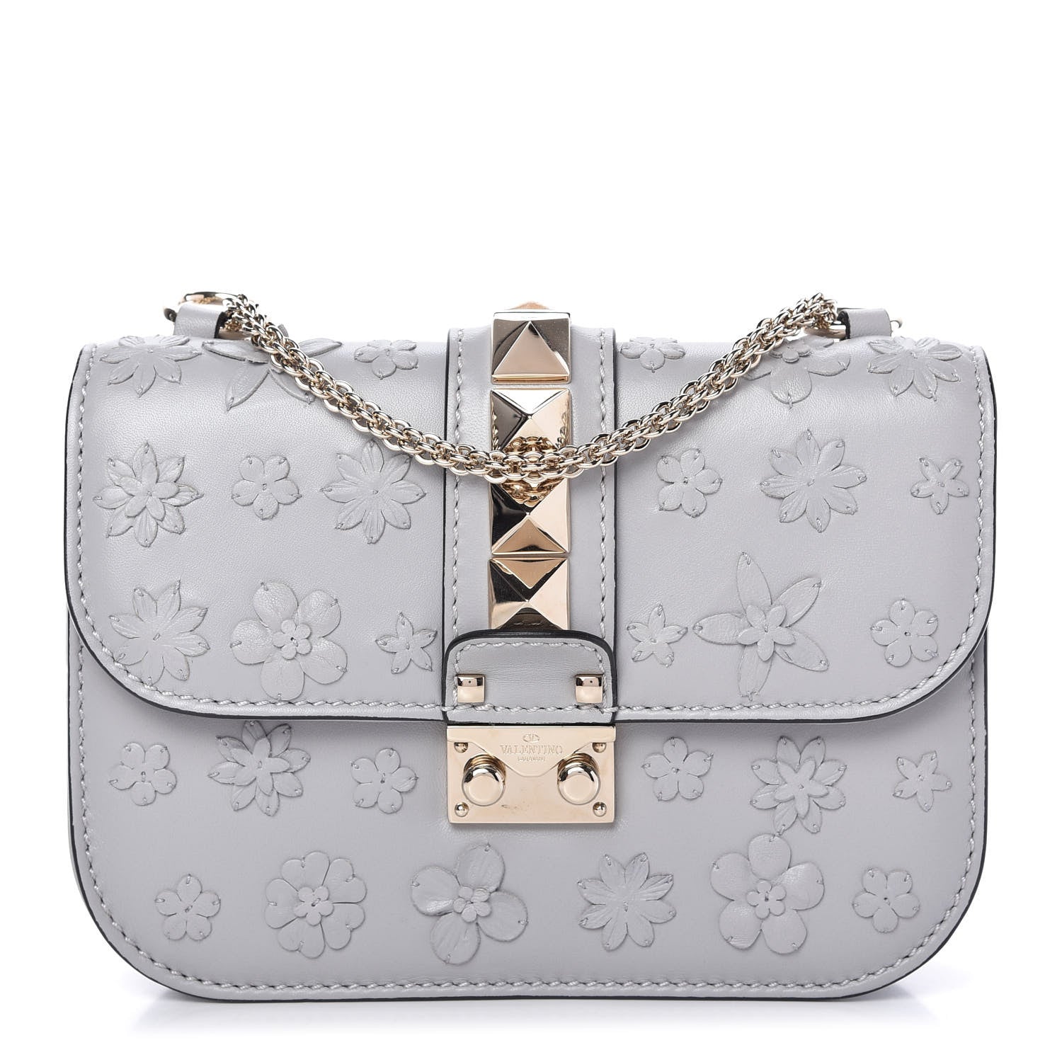 Valentino Garavani Vitello Flower Embellished Small Glam Lock Rockstud Flap Pastel Grey 1 of 9