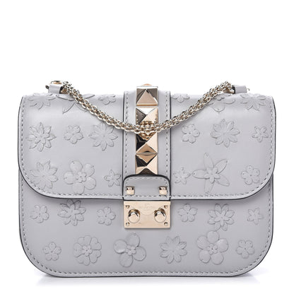 Valentino Garavani Vitello Flower Embellished Small Glam Lock Rockstud Flap Pastel Grey 1 of 9