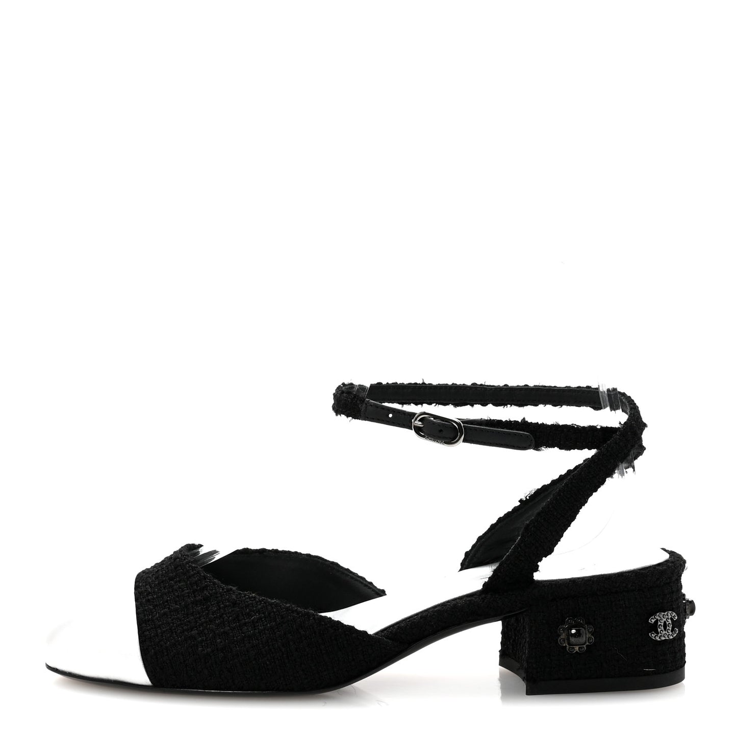 Tweed Iridescent Calfskin Cap Toe CC Slingback Pumps 37 Black Silver