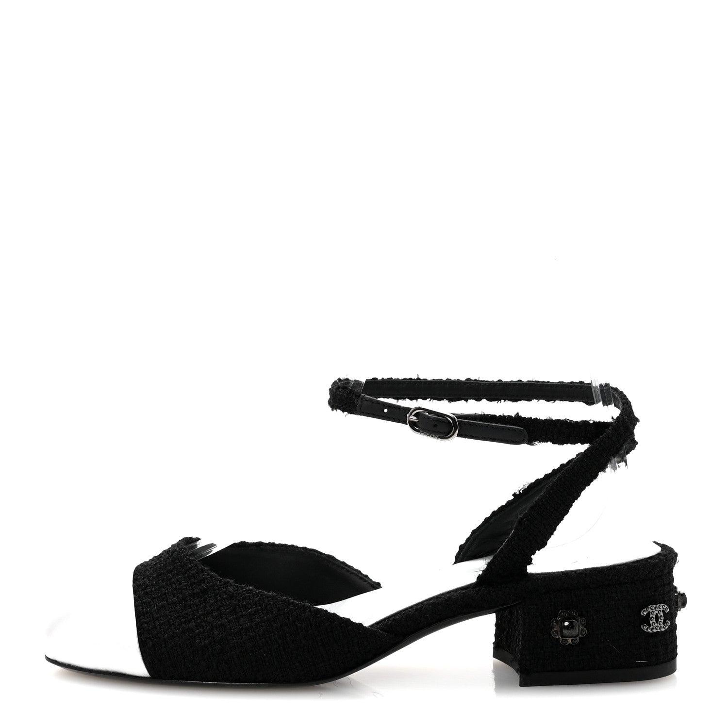 Chanel Tweed Iridescent Calfskin Cap Toe CC Slingback Pumps 37 Black Silver 1 of 10