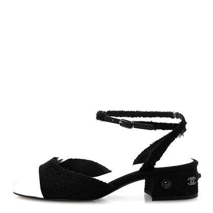 Chanel Tweed Iridescent Calfskin Cap Toe CC Slingback Pumps 37 Black Silver 1 of 10