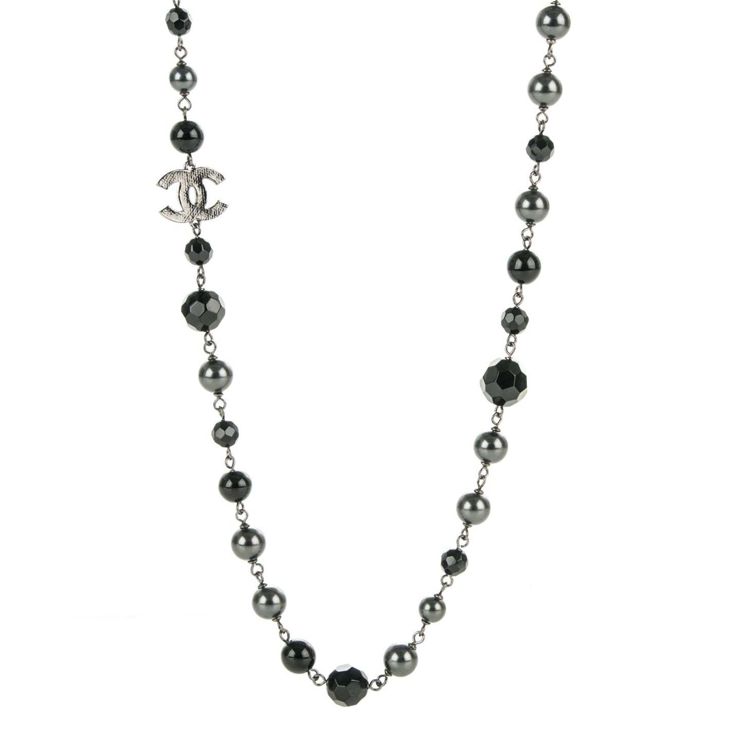 Ruthenium Pearl Beaded CC Long Necklace Black