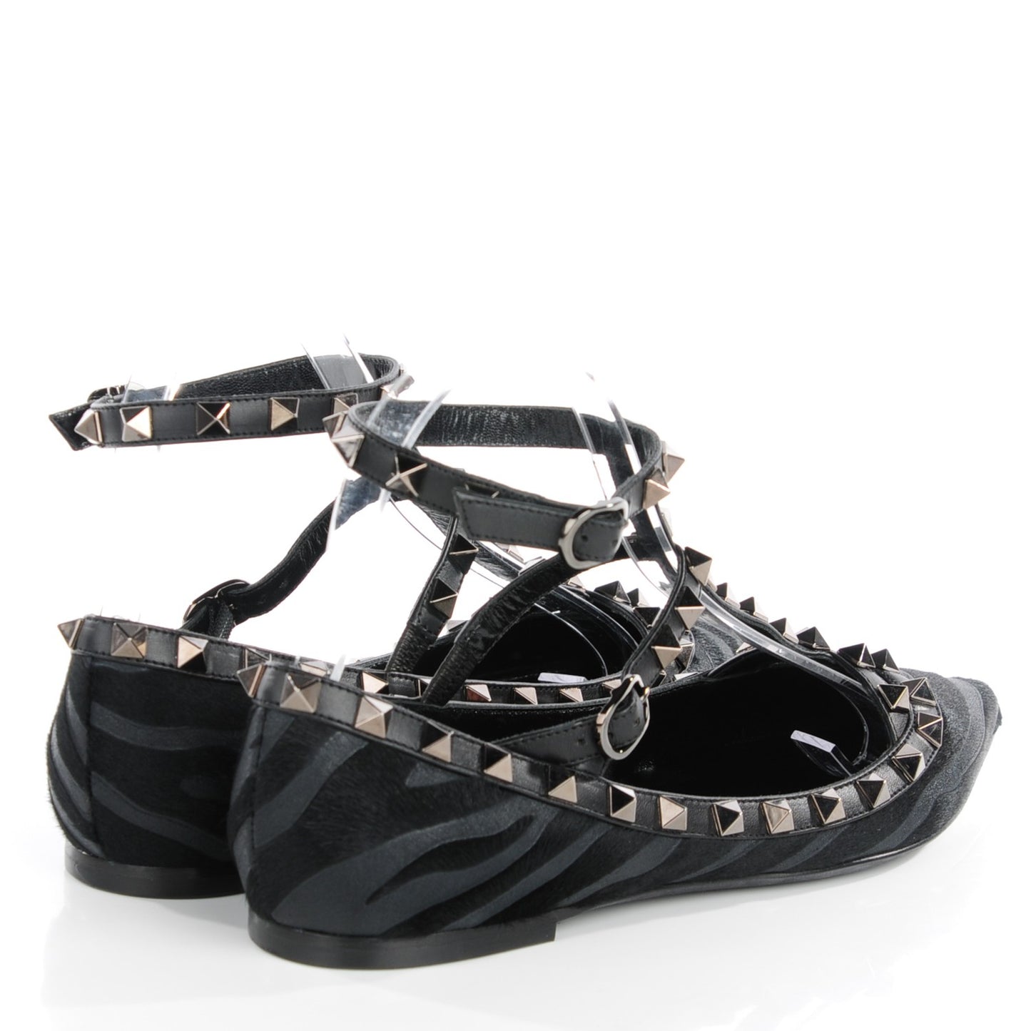 Calf Hair Animal Print Rockstud Cage Ballerina Flats 36.5 Black