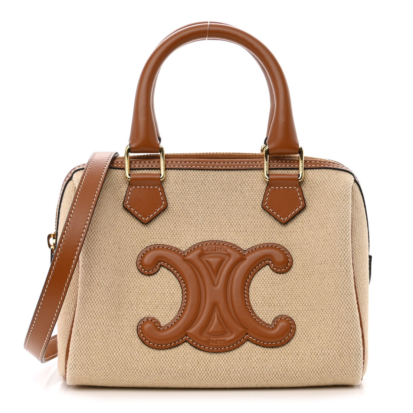 Triomphe Textile Calfskin Small Boston Bag Natural Tan