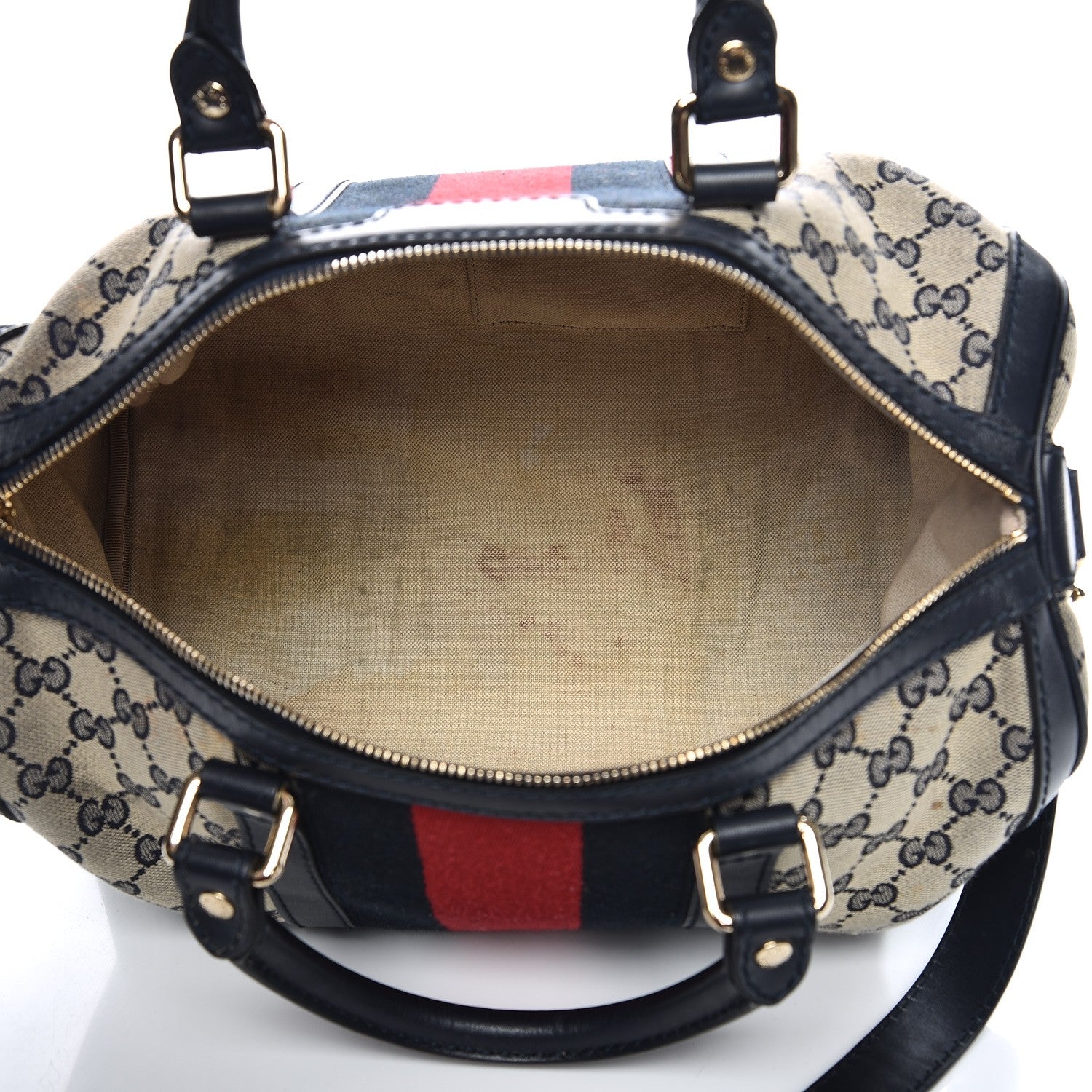 Gucci Monogram Selleria Calfskin Vintage Web Medium Boston Beige Blue 6 of 23