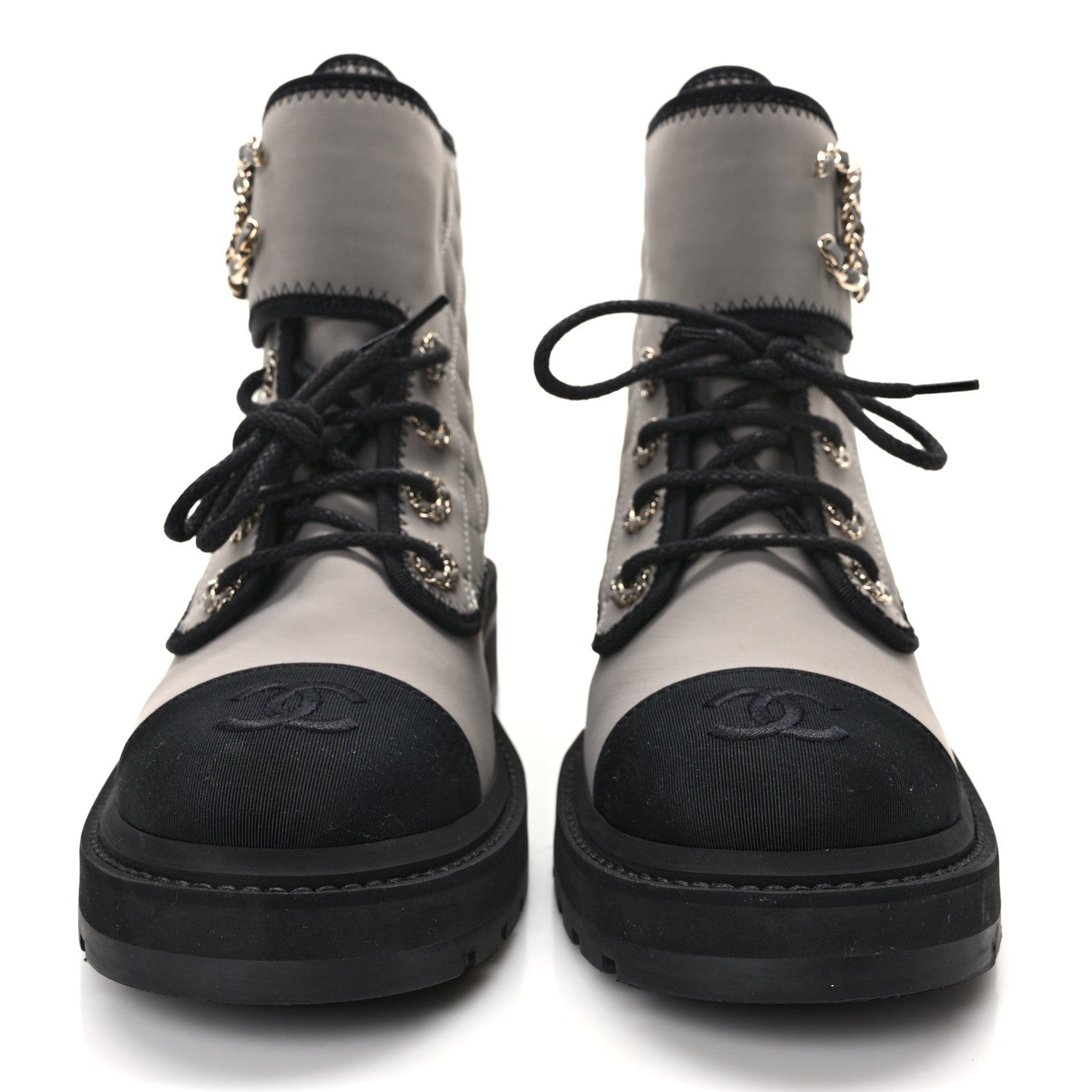 Chanel Fabric Grosgrain Quilted Cap Toe Lace Up Combat Boots 38 Gray 2 of 9