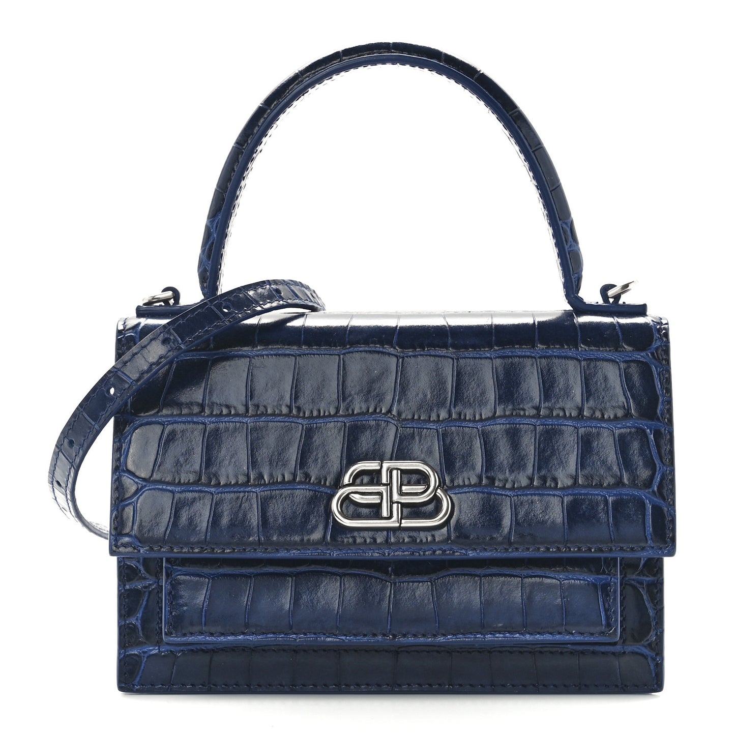 Shiny Calfskin Crocodile Embossed XS Sharp Top Handle Bag Navy