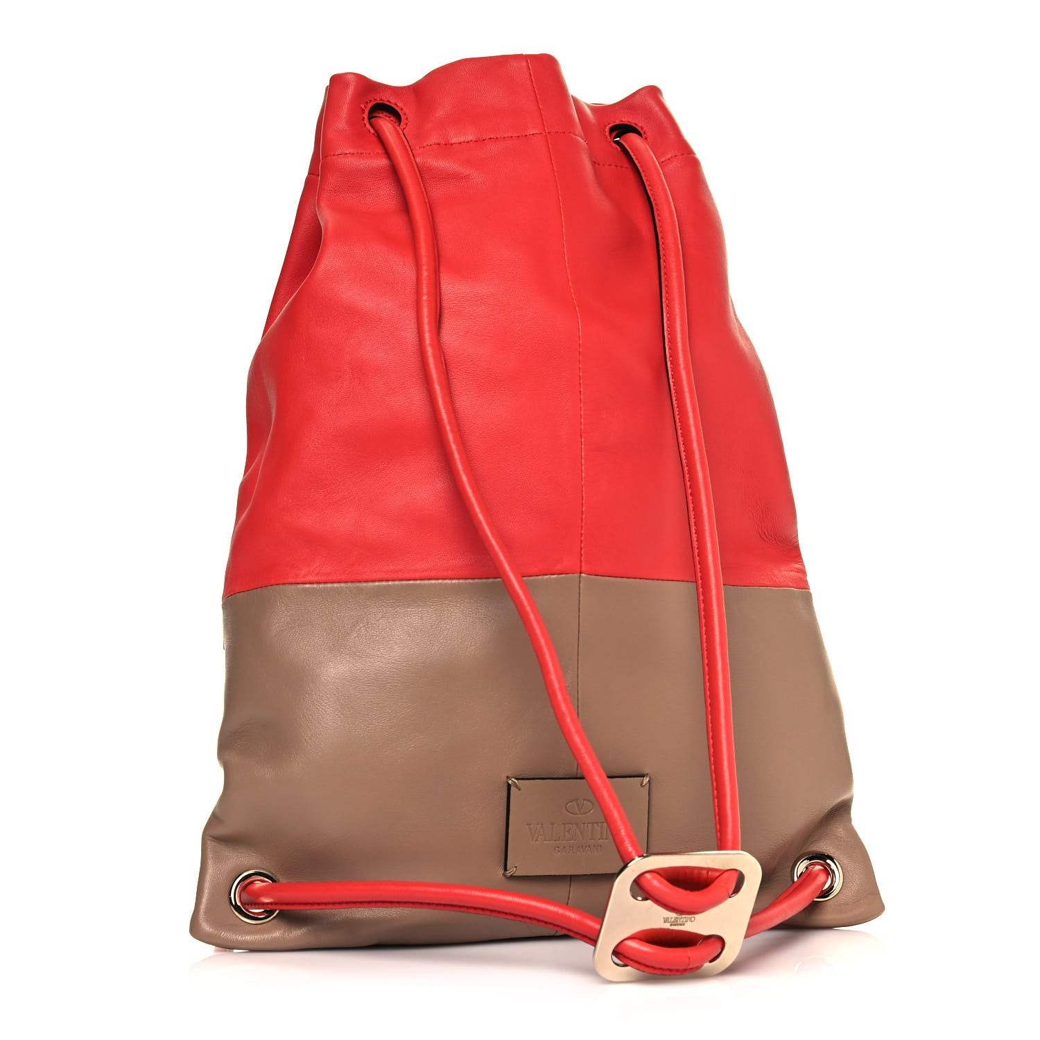 Valentino Garavani Calfskin Rockstud Bi-Color Drawstring Backpack Red Beige 2 of 12