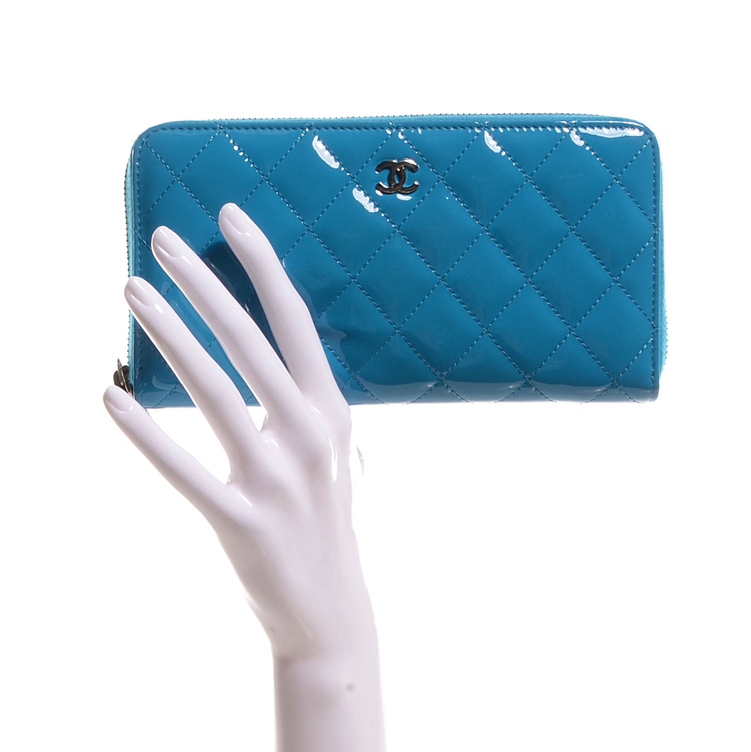 Chanel Patent Quilted Large Gusset Zip Around Wallet Blue 2 of 9