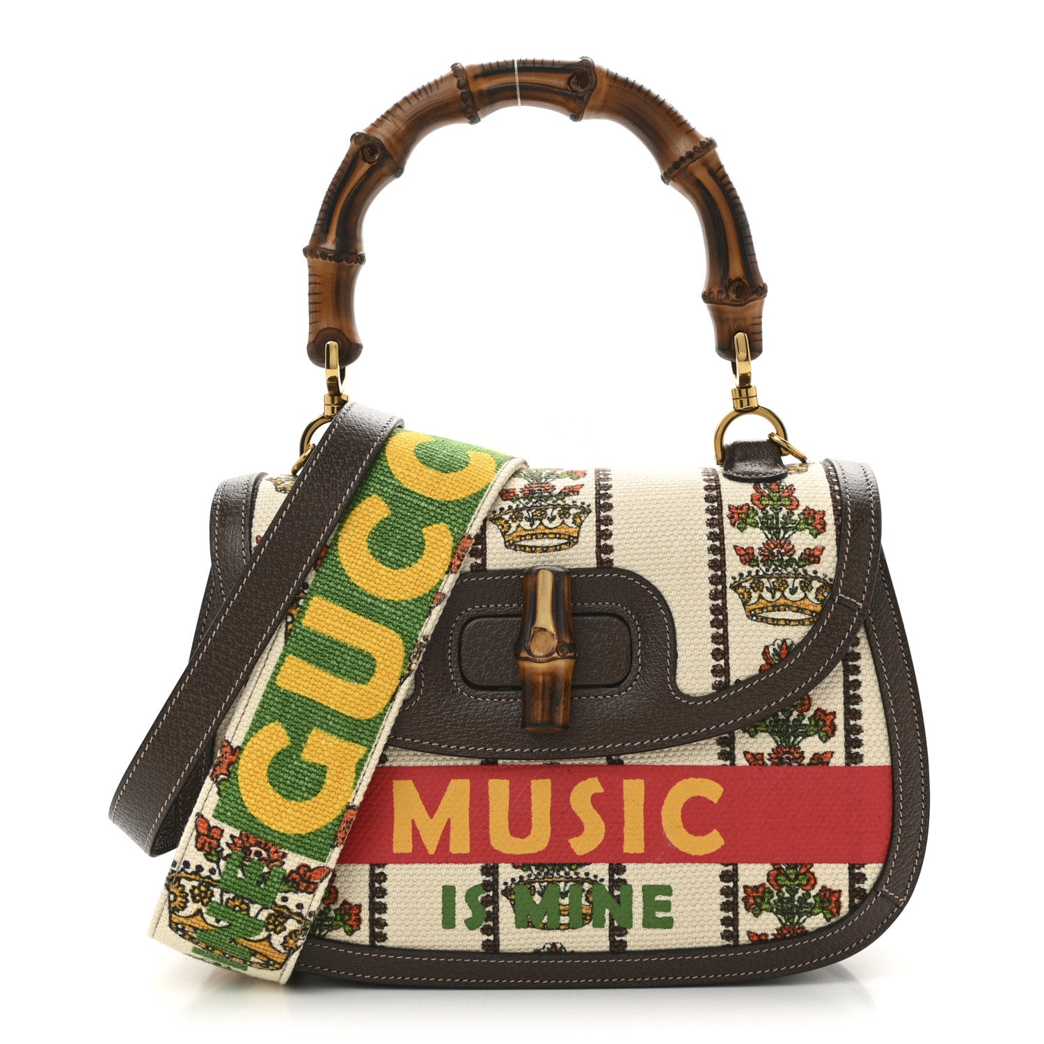 Gucci Canvas Calfskin 100 Centennial Music Medium Bamboo 1947 Top Handle Bag Multicolor 1 of 11