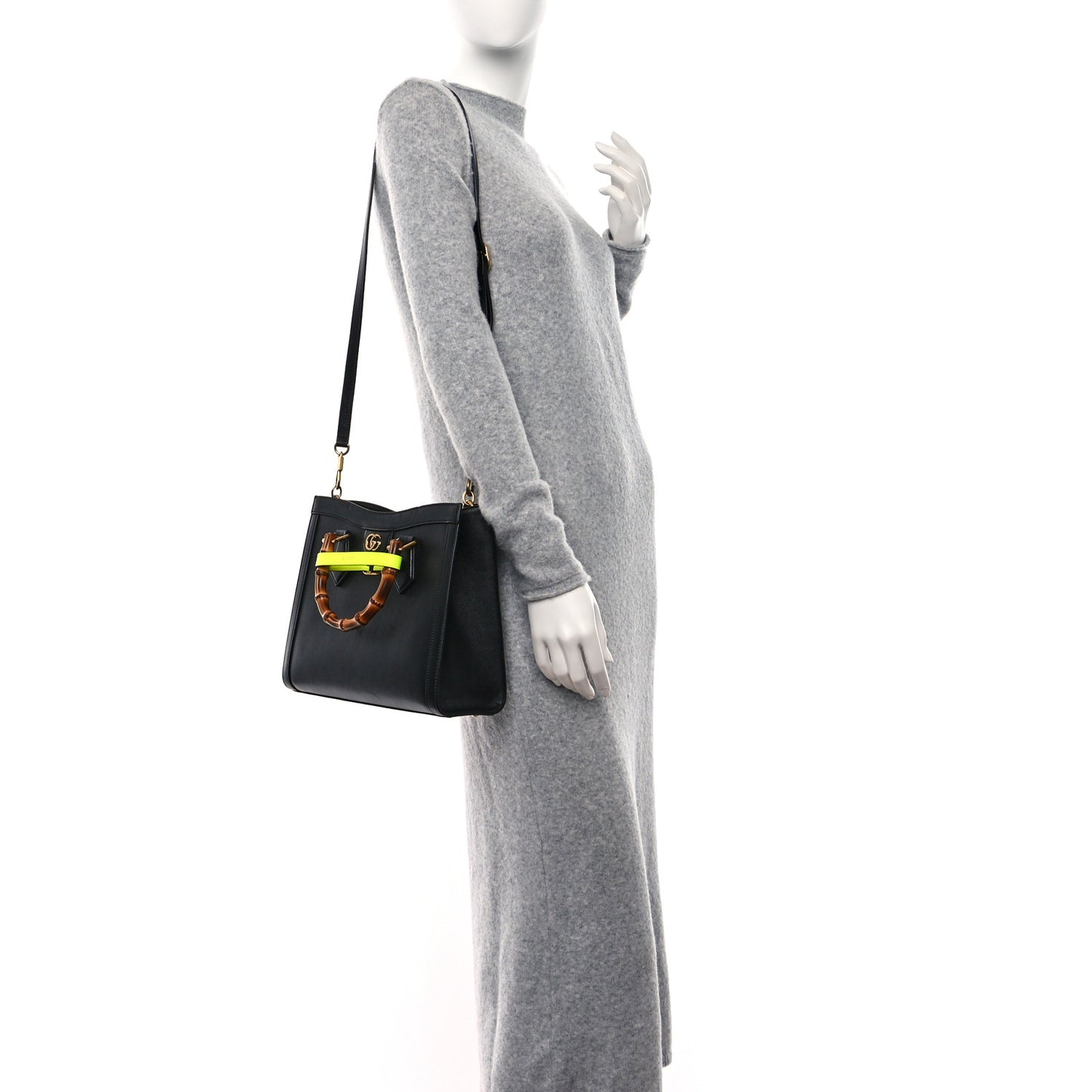 Calfskin Small Diana Tote Bag Black Yellow Fluo
