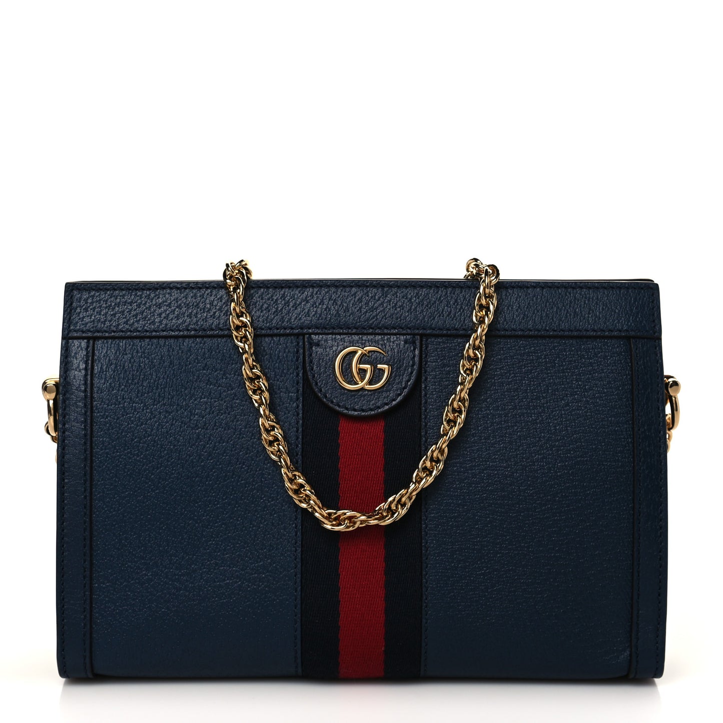 Textured Calfskin Web Small Ophidia Chain Shoulder Bag Blue Agata