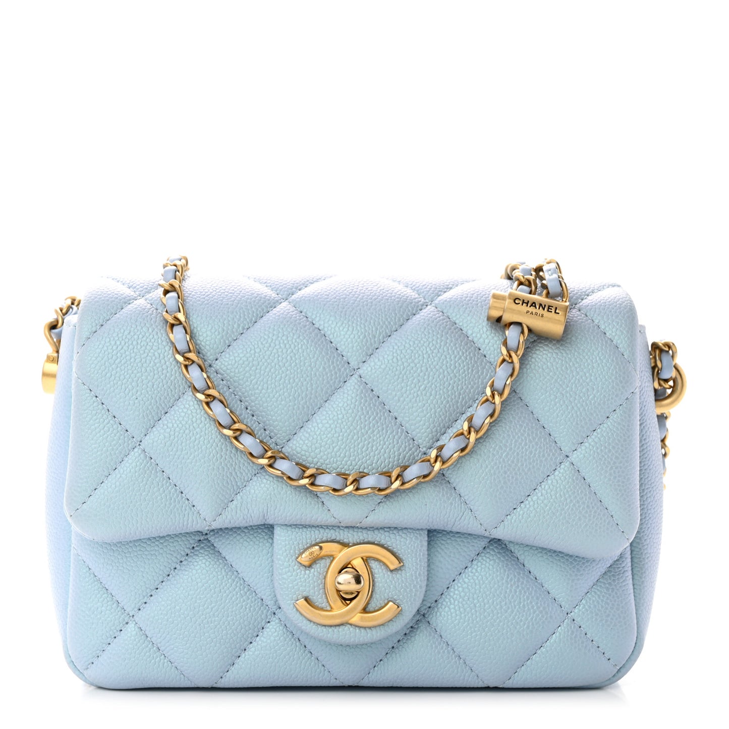 Iridescent Caviar Quilted Mini My Perfect Flap Light Blue