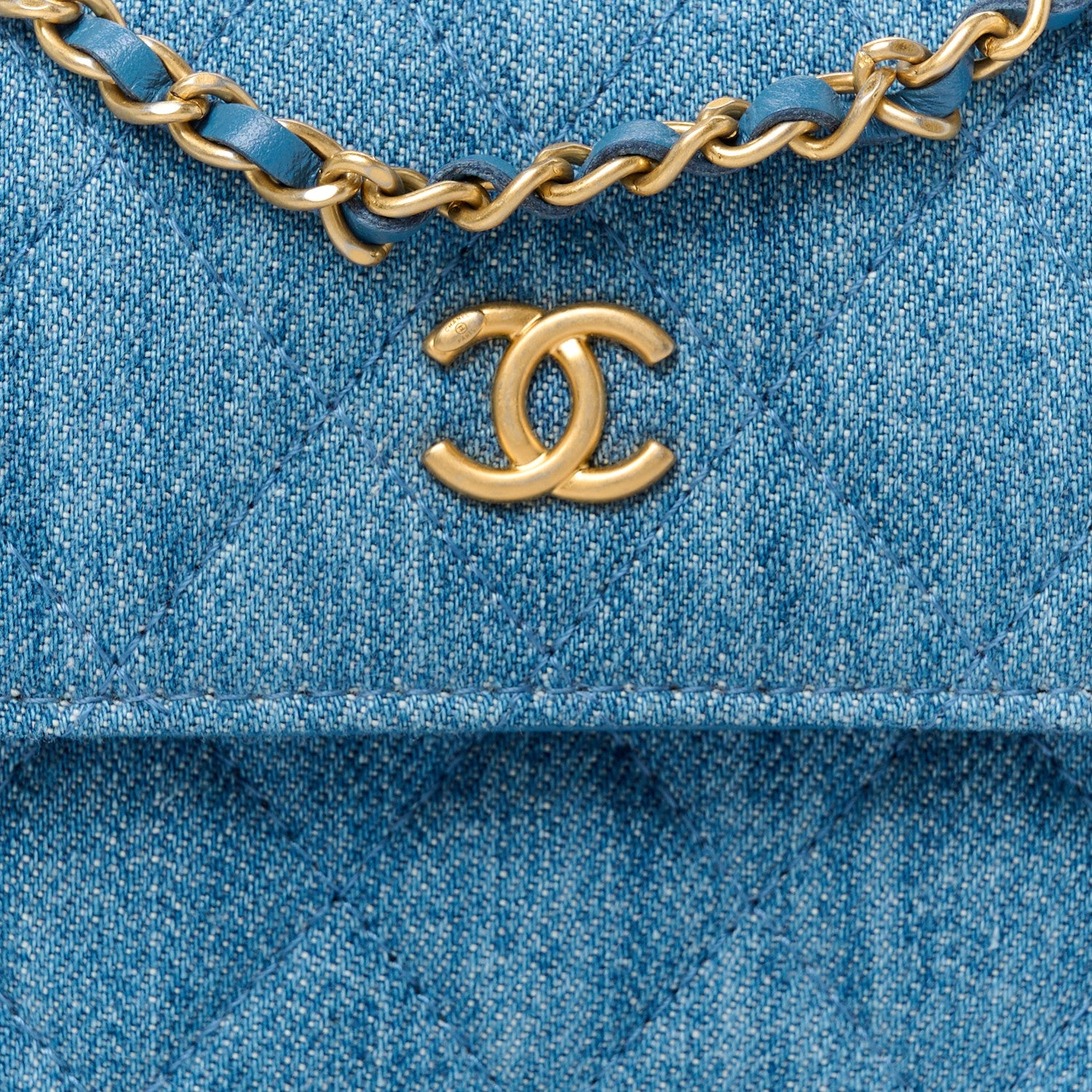Chanel Denim Quilted CC Pearl Crush Clutch With Chain Blue 9 of 11