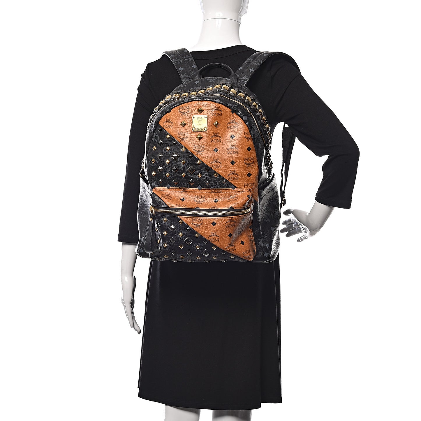 Visetos Bi-Color Studded Medium Backpack Black Cognac