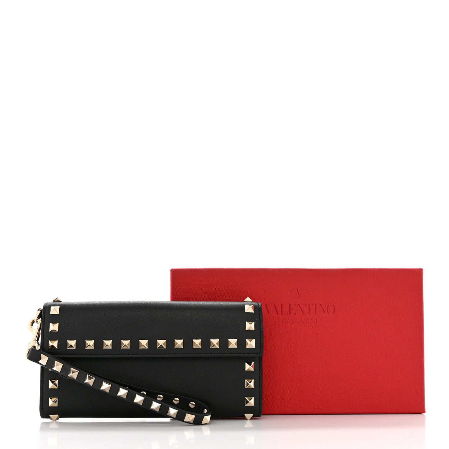 Calfskin Rockstud Wristlet Travel Wallet Black