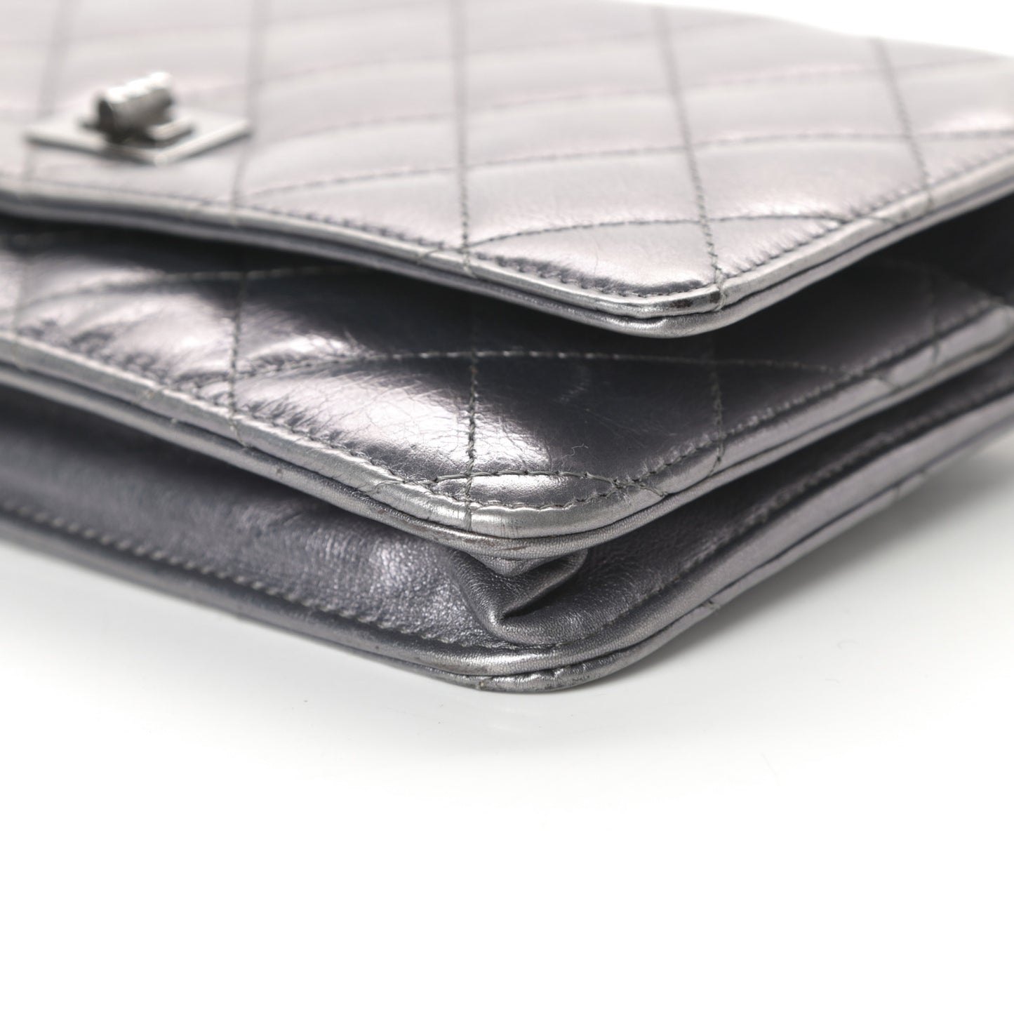 Metallic Aged Calfskin Quilted Reissue Wallet On Chain WOC Dark Silver
