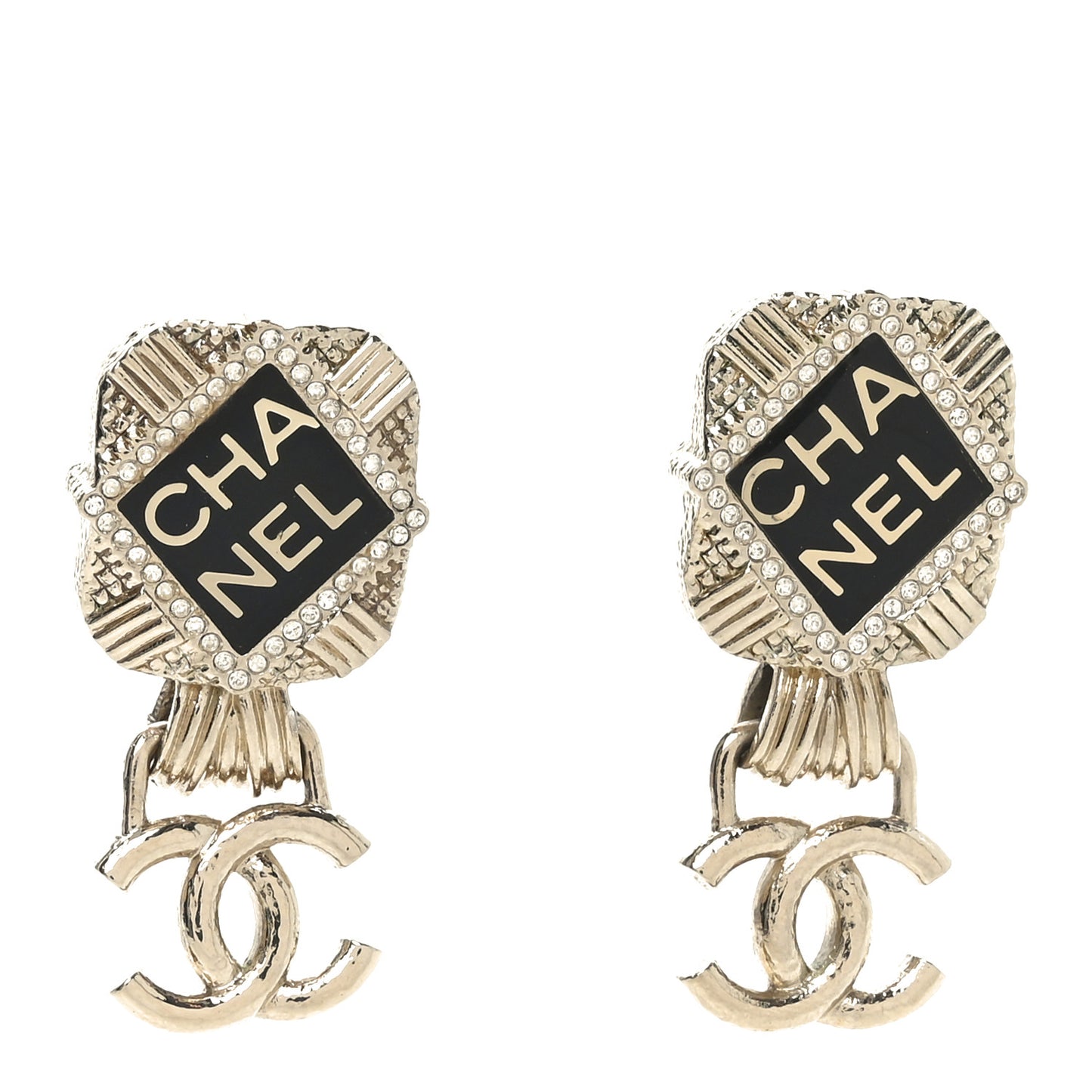 Resin Crystal Quilted CC Drop Earrings Gold Black