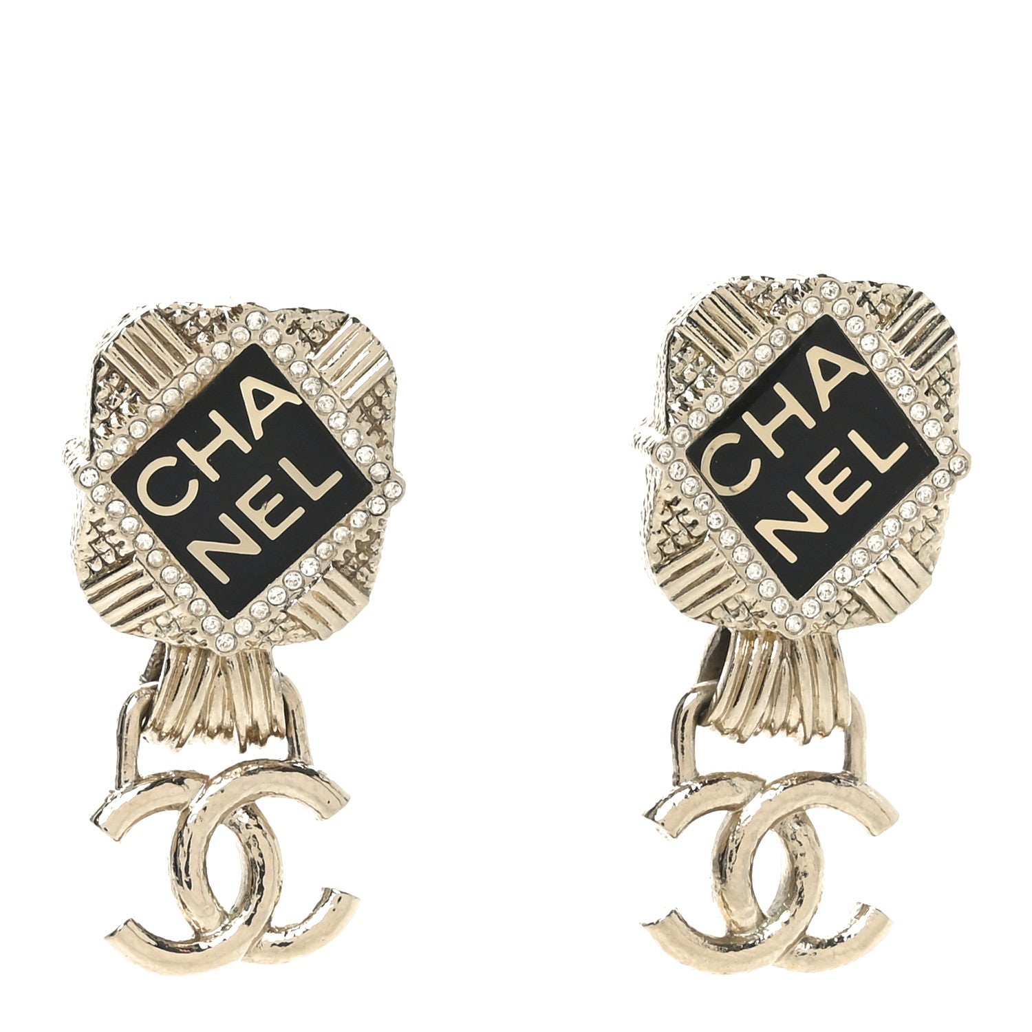 Chanel Resin Crystal Quilted CC Drop Earrings Gold Black 1 of 4