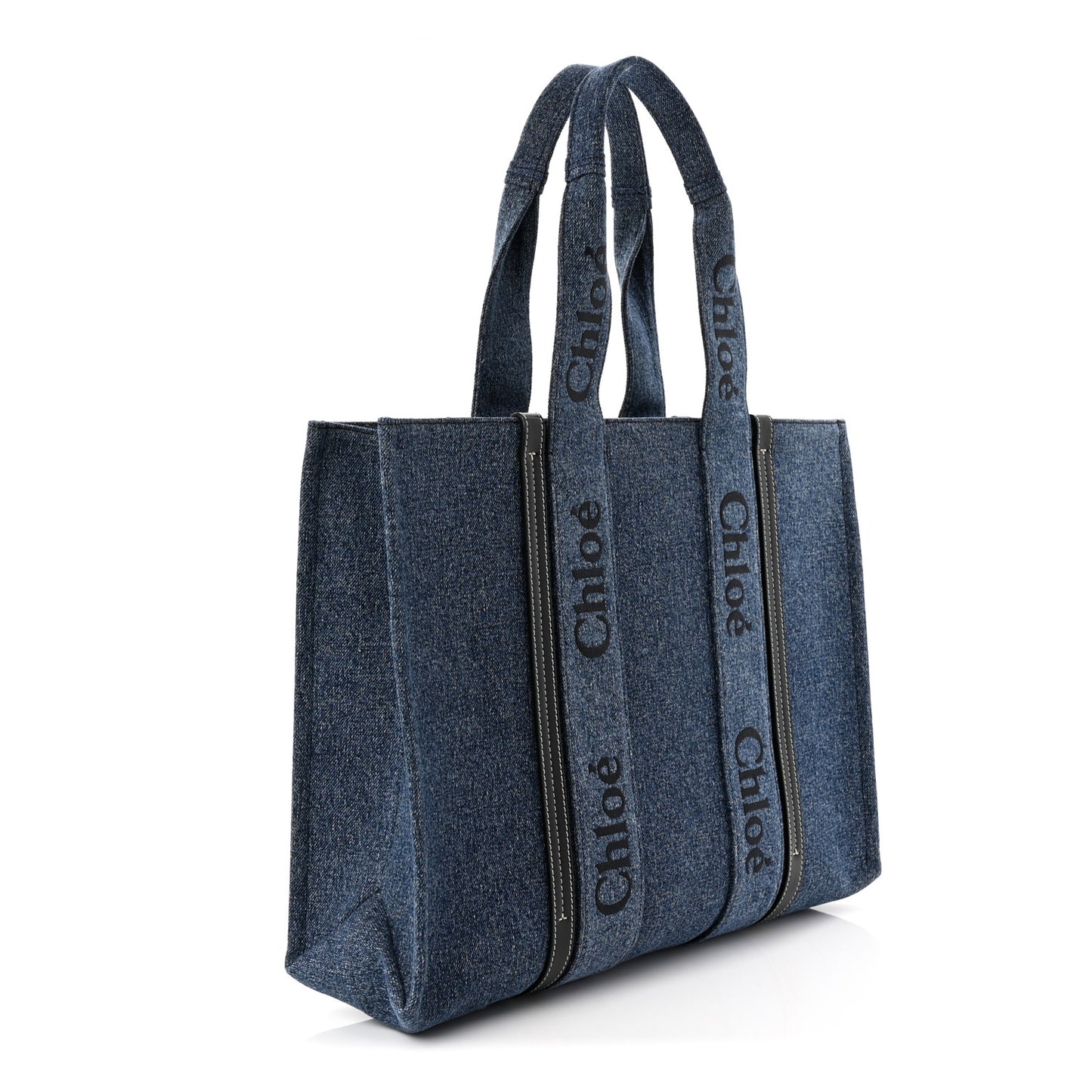 Denim Calfskin Large Woody Ribbon Tote  Blue