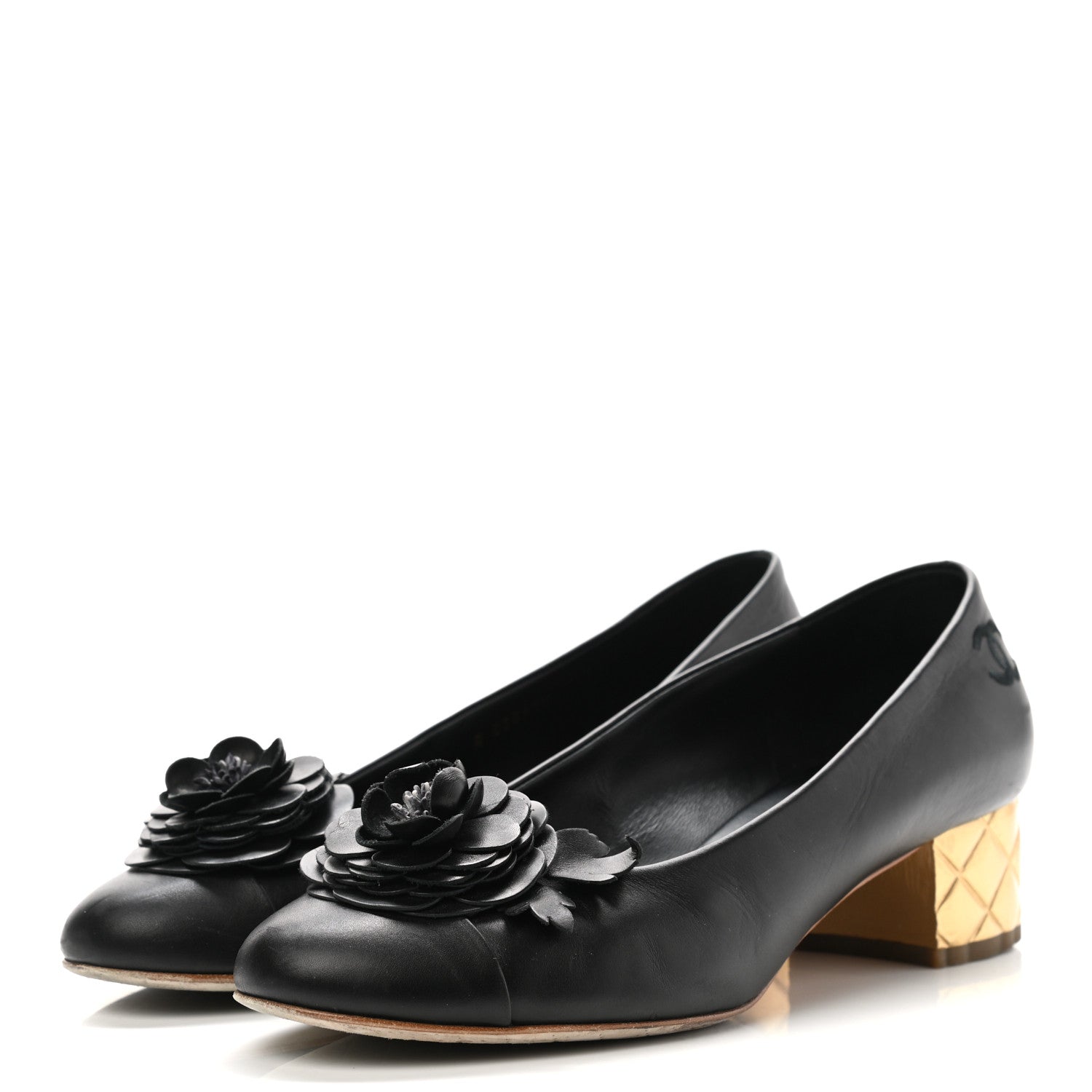 Chanel Calfskin Pearl Camellia Pumps 40 Black Gold 3 of 13