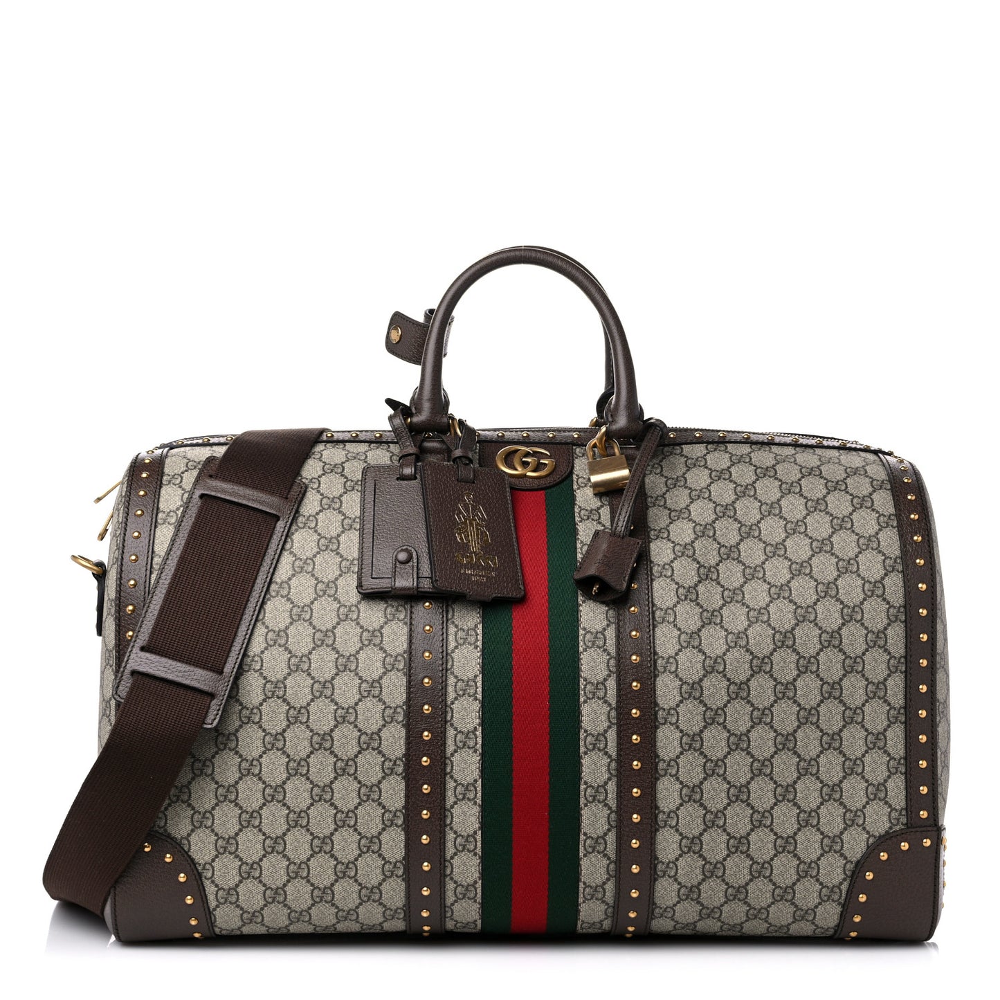 GG Supreme Monogram Textured Dollar Calfskin Web Studded Large Savoy Duffle Bag Beige Ebony
