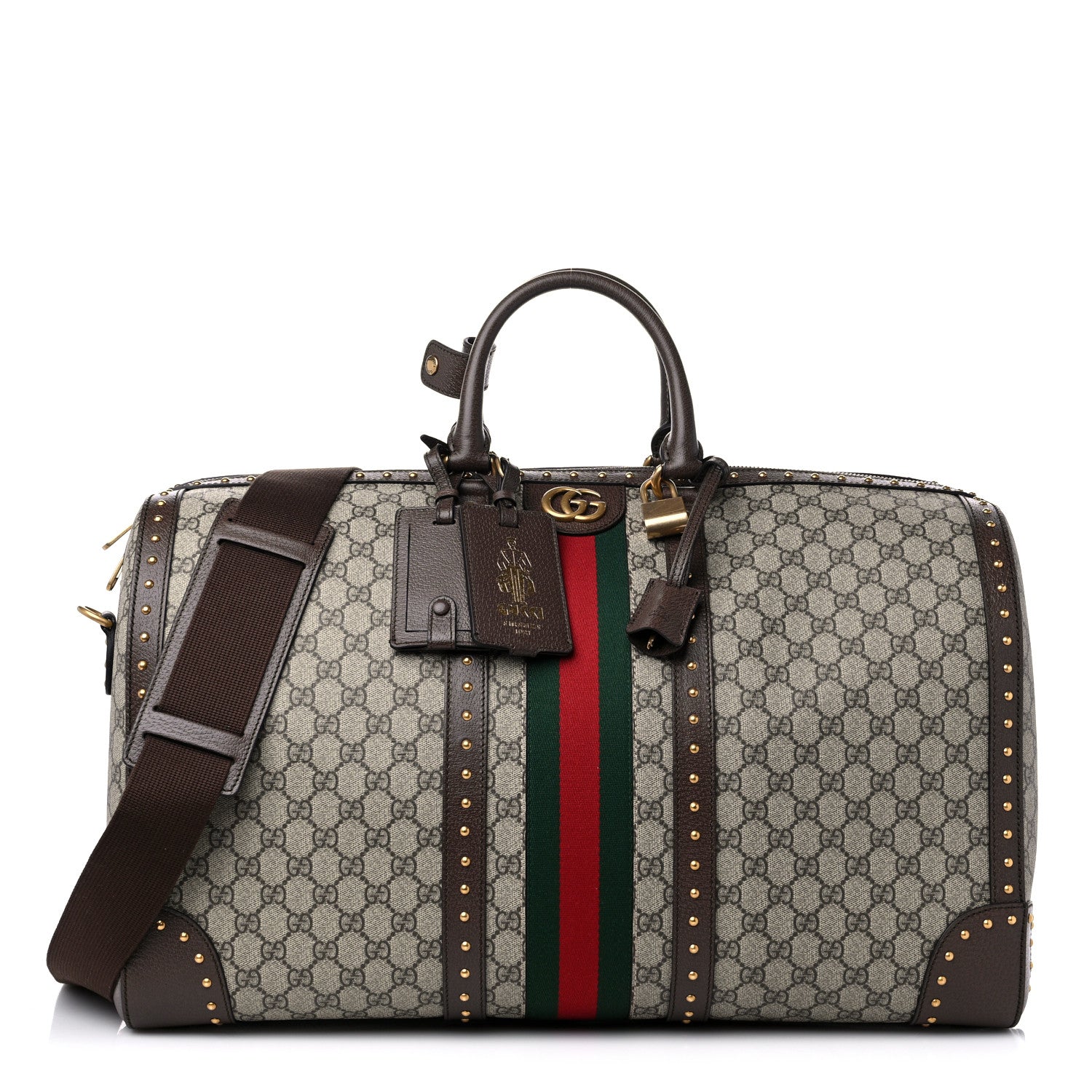Gucci GG Supreme Monogram Textured Dollar Calfskin Web Studded Large Savoy Duffle Bag Beige Ebony 1 of 8