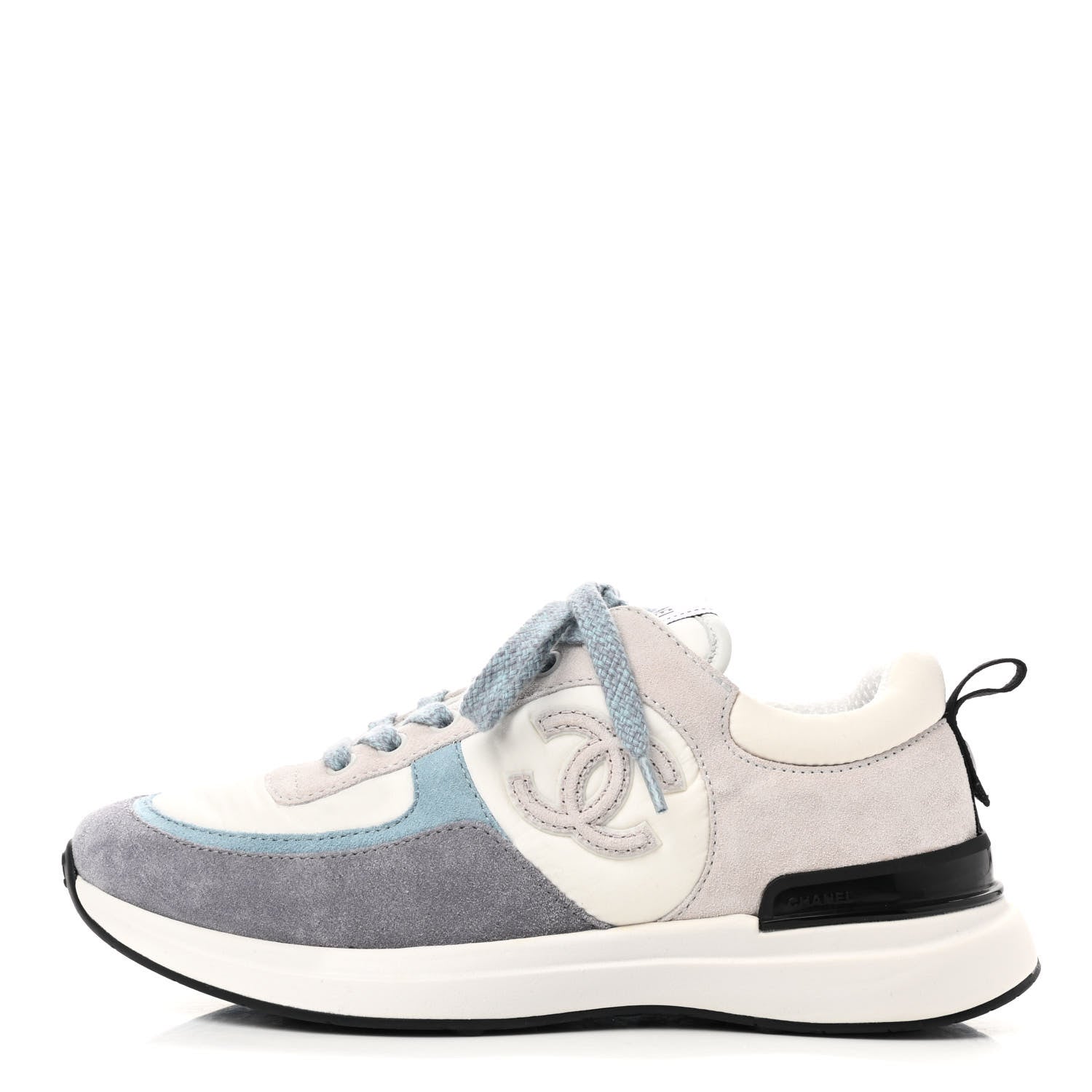 Chanel Nylon Calfskin Suede Womens CC Sneakers 36.5 White Grey Blue 1 of 8