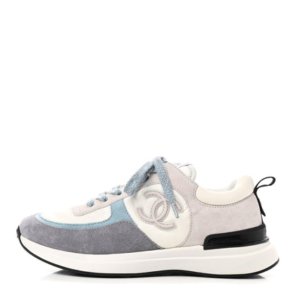 Chanel Nylon Calfskin Suede Womens CC Sneakers 36.5 White Grey Blue 1 of 8
