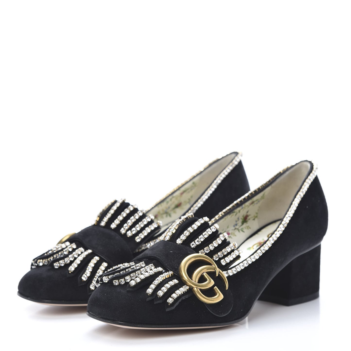 Kid Scamosciato Crystal GG Marmont Fringe 50mm Loafer Pumps 35.5 Black