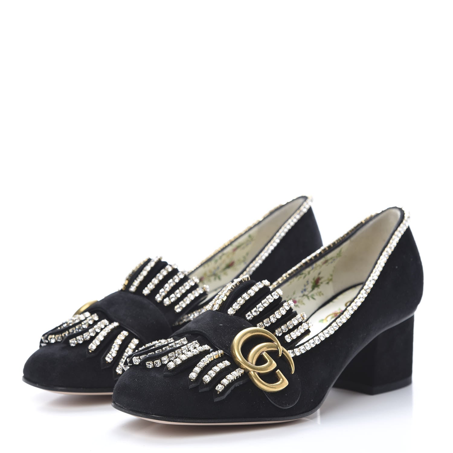 Gucci Kid Scamosciato Crystal GG Marmont Fringe 50mm Loafer Pumps 35.5 Black 3 of 9